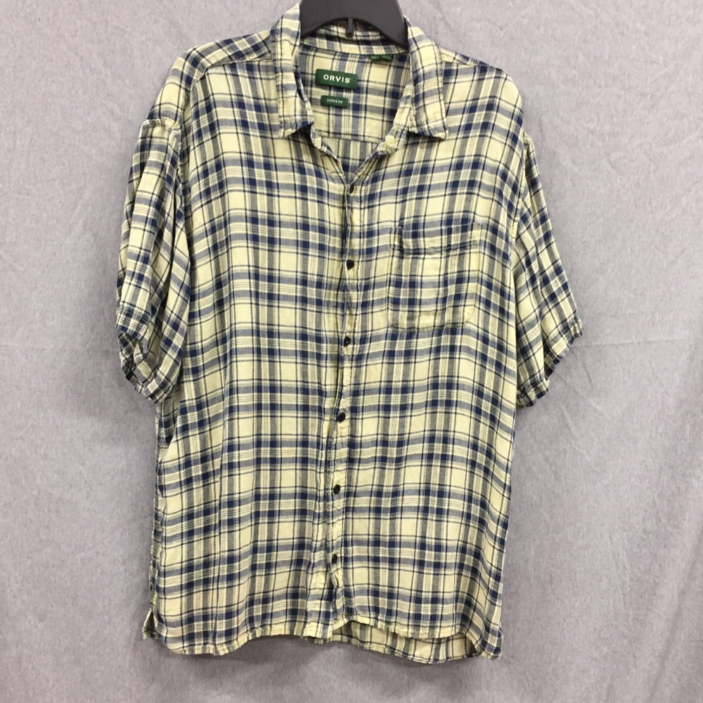 Orvis Mens XL Active Fit Short Sleeve Plaid Button Down Shirt Yellow Navy Blue